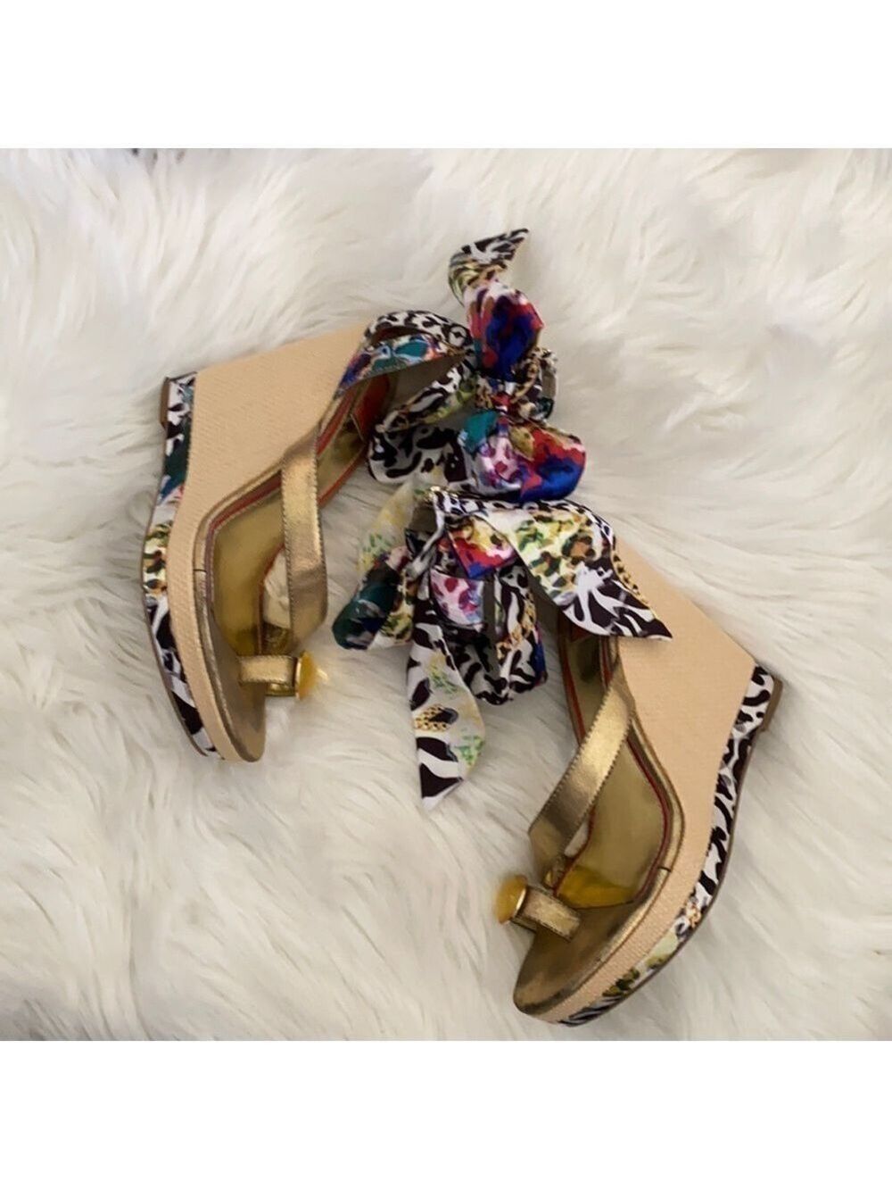 Carlos Falchi Gold multi color scarf Cruz ankle bow wedges